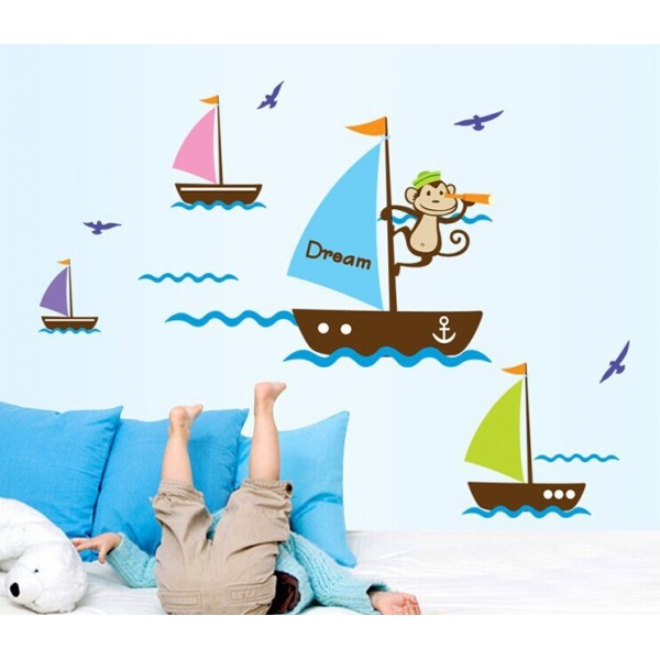 Sticker mural petit singe bateaux Dream colorés, vagues oiseaux 70 cm X 50 cm
