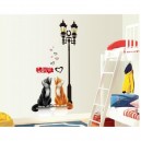 Sticker mural chats amoureux coeur love sous un lampadaire 70 cm X 50 cm