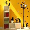 Sticker mural lampadaire chat noir avec collier jaune oiseaux 70 cm X 50 cm