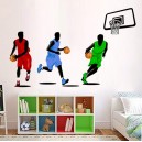 Sticker mural 3 joueurs de Basketball colorés avec ballon et panier 60 cm X 90 cm