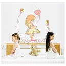 Sticker mural petite fille ballon coeur et petits oiseaux colorés 70 cm x 50 cm
