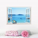 Sticker mural fenêtre trompe-l'oeil vue sur une mer bleue montagnes et voiliers 68 cm X 48 cm