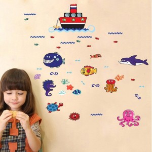 Sticker mural bateau et animaux marins rigolos 90 cm X 60 cm