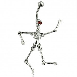 Piercing nombril squelette articulé yeux strass rouge acier chirurgical