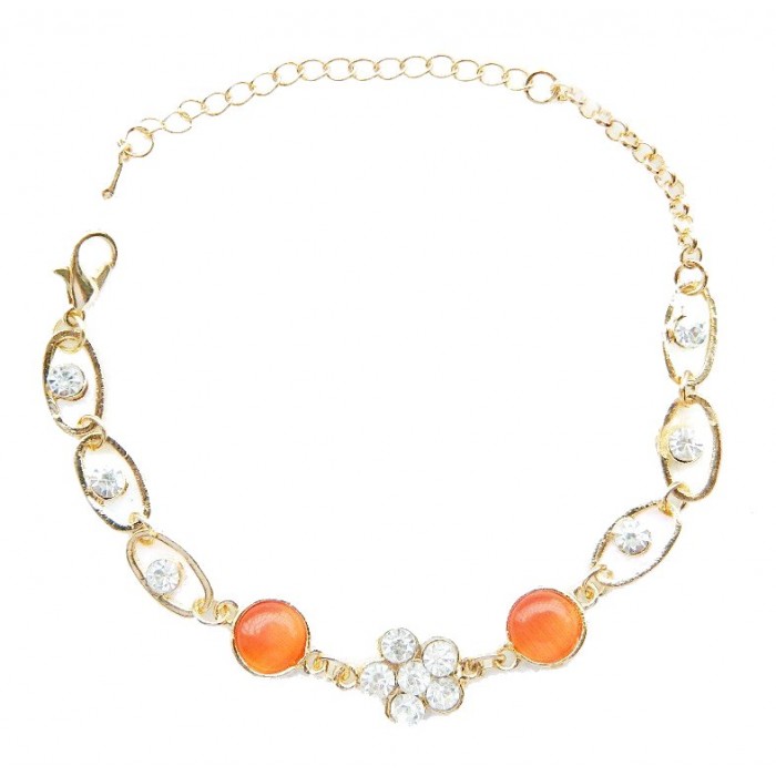 Bracelet doré fleur strass et pierre naturelle orange