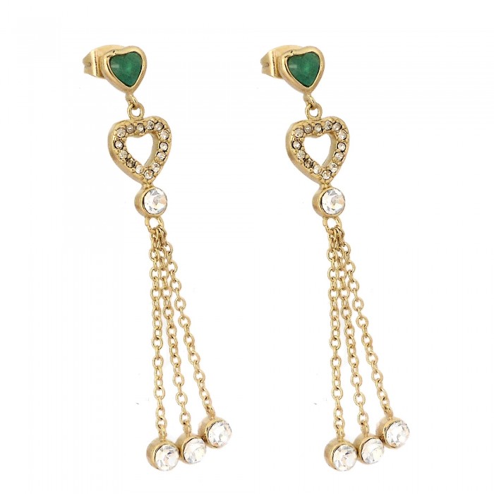 Boucles d'oreilles dorées coeurs chaînettes strass et coeur vert