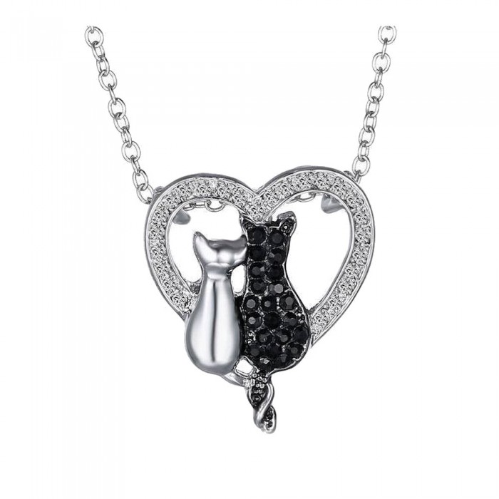 Collier argenté couple de chat coeur strass blanc et noir