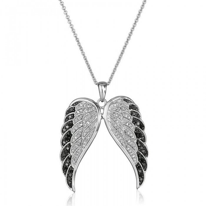 Collier argenté ailes 2 plumes strass noir et blanc