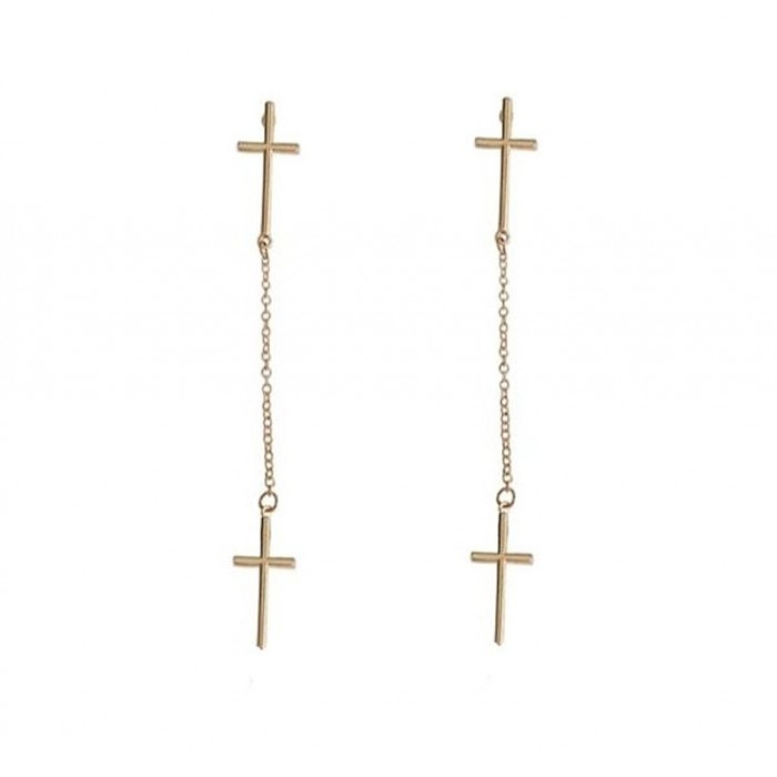 Boucles d'oreilles double croix dorées avec chaînettes