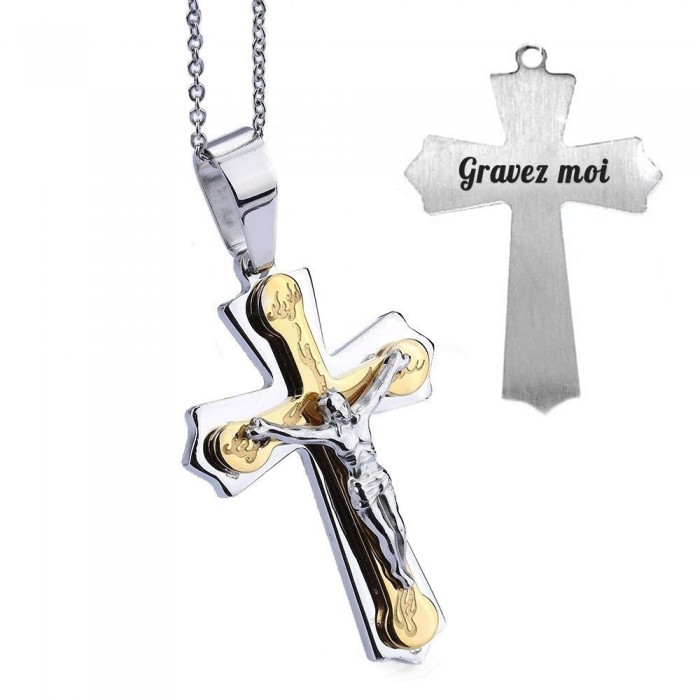Collier croix Jésus argenté et doré en acier gravure personnalisée