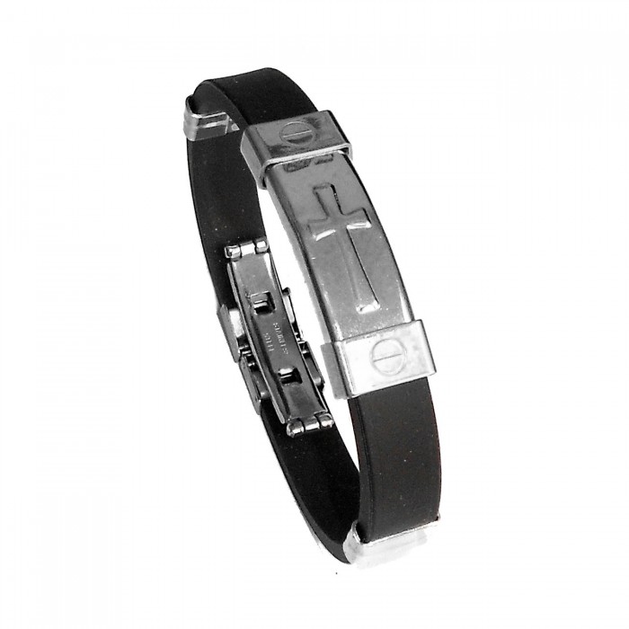 Bracelet silicone noir et plaque avec croix acier inoxydable