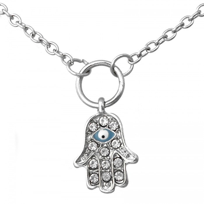 Collier argenté main de fatma oriental strass oeil bleu