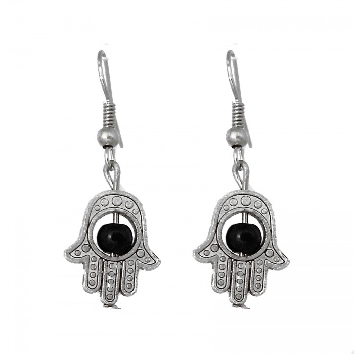 Boucles d'oreilles main de fatma argenté avec perle