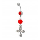 Piercing nombril croix gothique perle rouge strass acier