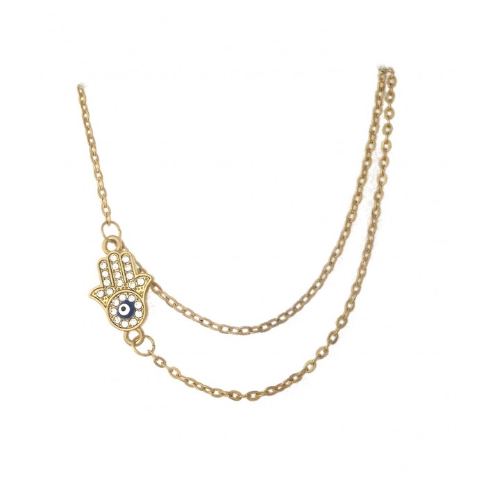 Collier doré multi-rangs main de fatma oeil bleu strass