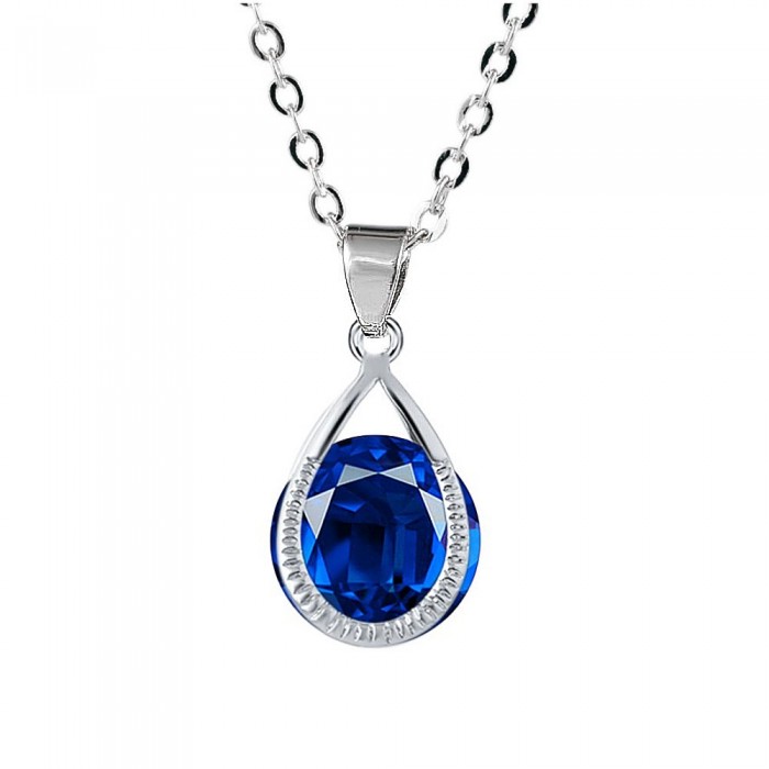 Collier goutte oxyde de zirconium bleu roi argenté