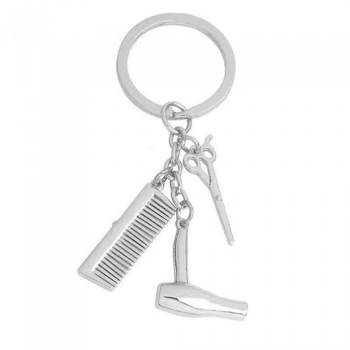 Porte-clés thème coiffure peigne, sèche-cheveux et ciseaux
