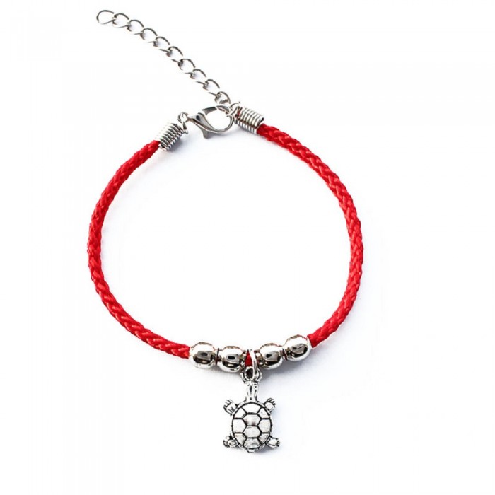 Bracelet tortue et perle argenté cordon rouge