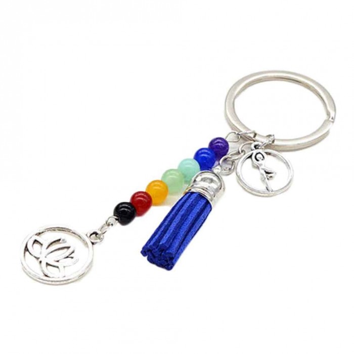 Porte-clés 7 perles chakra feuille de lotus pompon posture arbre yoga