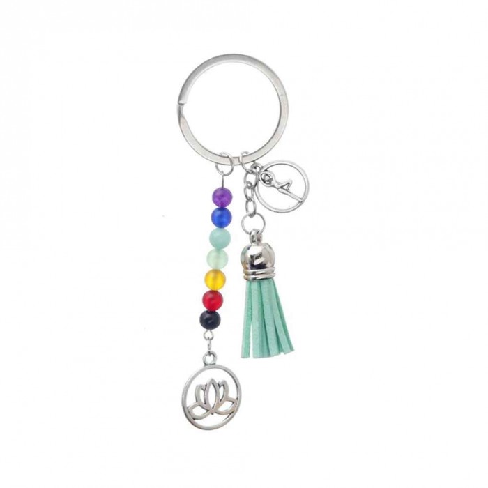 Porte-clés 7 perles chakra feuille de lotus pompon posture arbre yoga