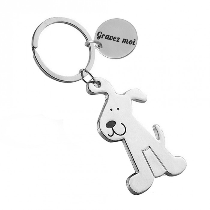 Porte-clés chien heureux argenté gravure personnalisée sur médaille