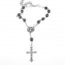 Bracelet chapelet croix christ perle noire argenté