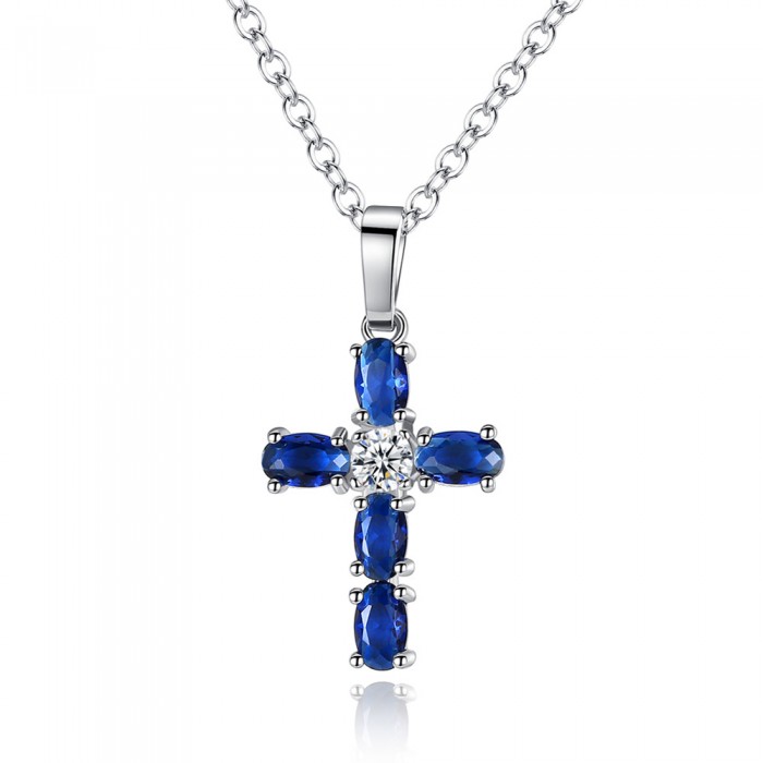 Collier croix oxyde de zirconium blanc et bleu roi argenté