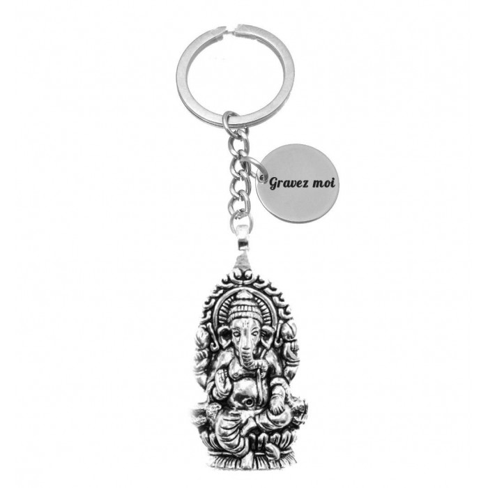 Porte-clés gravure personnalisée sur médaille Ganesh dieu hindou argenté