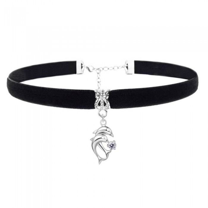 Collier ras de cou 2 dauphins oxyde de zirconium sur charm papillon argenté