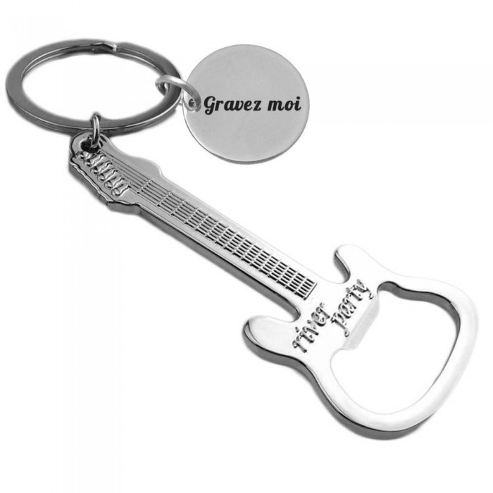 Porte-clés guitare décapsuleur argenté gravure personnalisée sur médaille