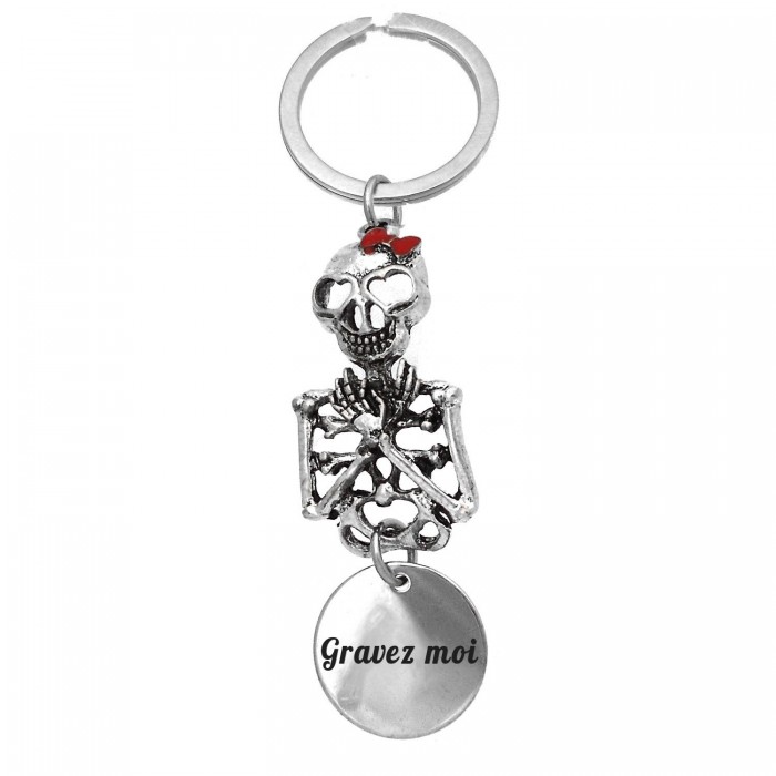 Porte-clés squelette gothique argenté coeur noeud papillon rouge gravure personnalisée sur médaille