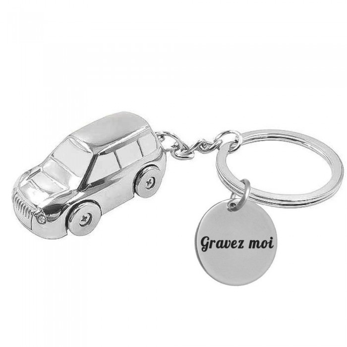 Porte-clés petite automobile voiture 3D argentée gravure personnalisée sur médaille