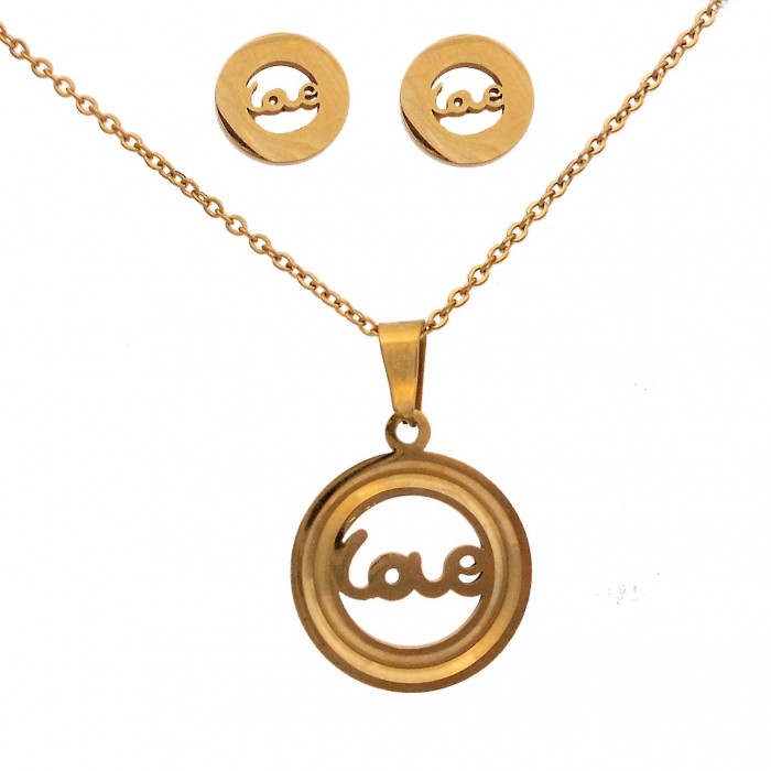 Parure bijoux love dans un cercle acier dorée