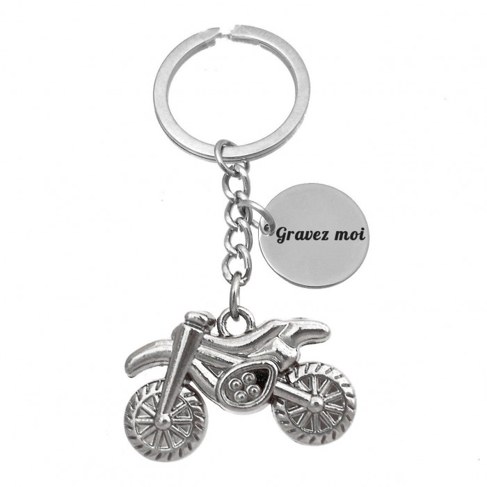 Porte-clés moto cross argentée gravure personnalisée sur médaille