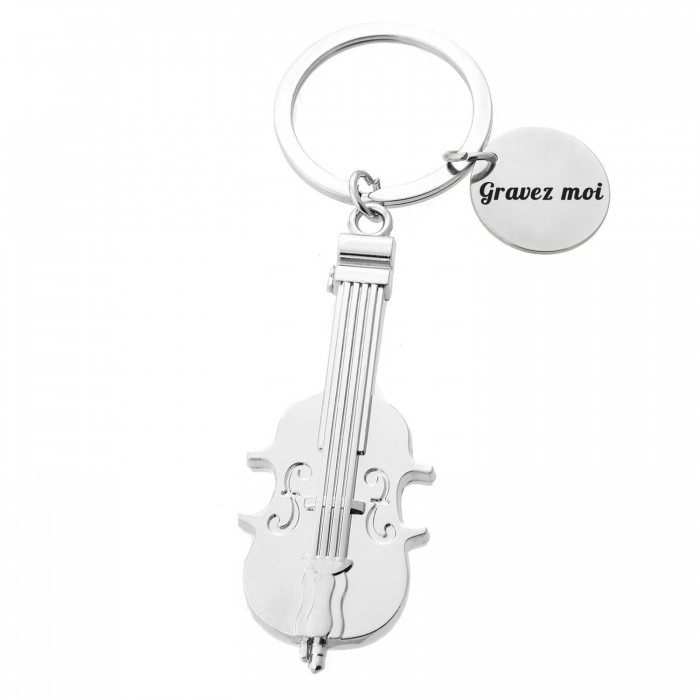 Porte-clés violon instrument de musique classique argenté gravure personnalisée sur médaille