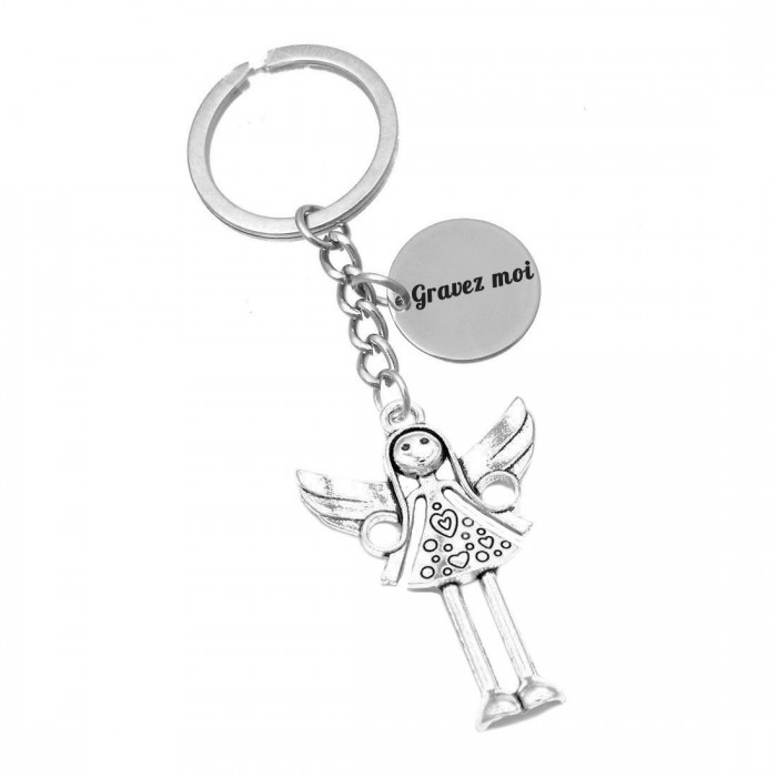 Porte-clés fille ange avec des ailes argenté gravure personnalisée sur médaille