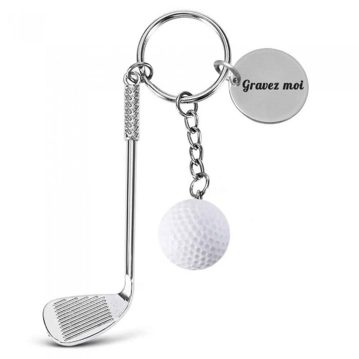 Porte-clés club et balle de golf blanche argenté gravure personnalisée sur médaille