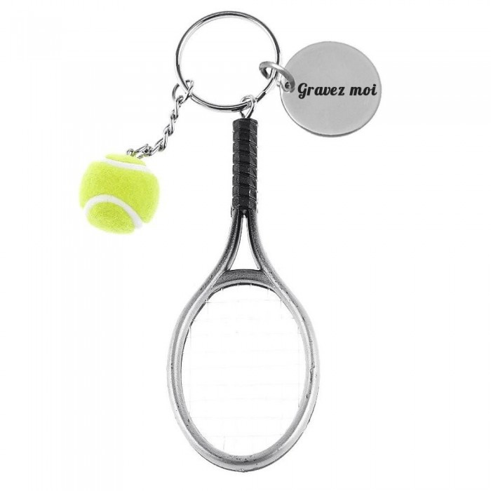 Porte-clés raquette fil de nylon et balle de tennis verte argenté gravure personnalisée sur médaille